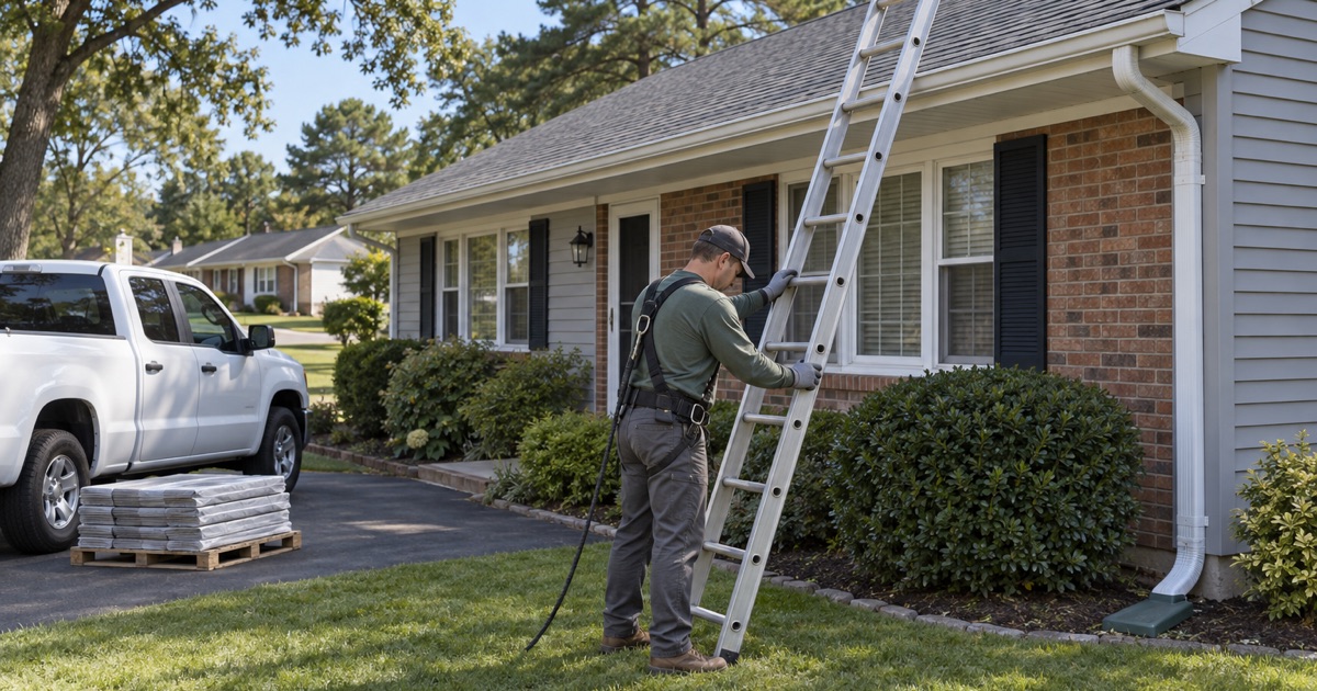 A roofer setting the feet of an extension ladder against the gutter of a Howell ranch at the start of a job.