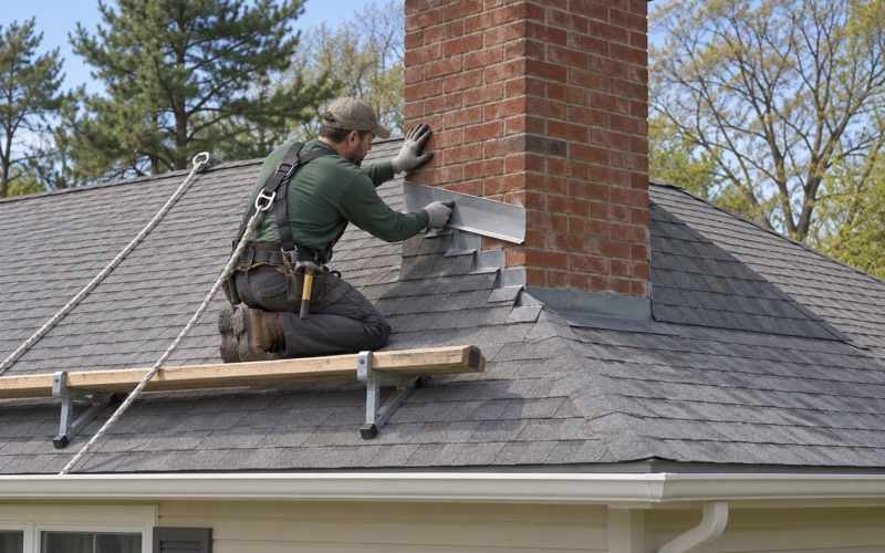 A roofer setting counter flashing into the mortar joint of a brick chimney on a Howell ranch.