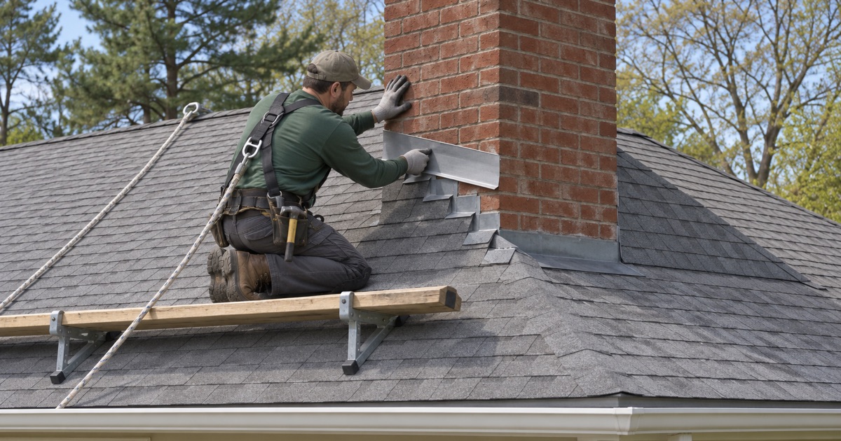 A roofer setting counter flashing into the mortar joint of a brick chimney on a Howell ranch.
