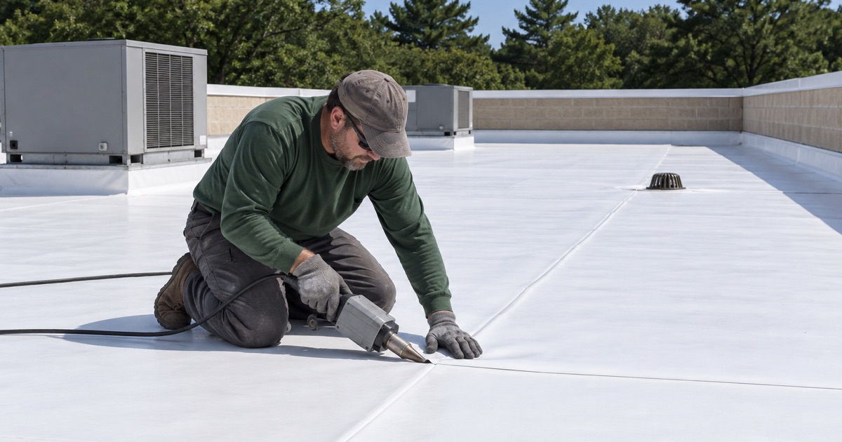 A roofer welding a white membrane seam on the flat roof of a Route 9 retail building in Howell.