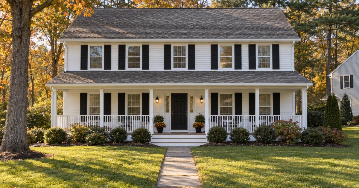 A finished new roof on a white Howell colonial with a front porch in late afternoon light.
