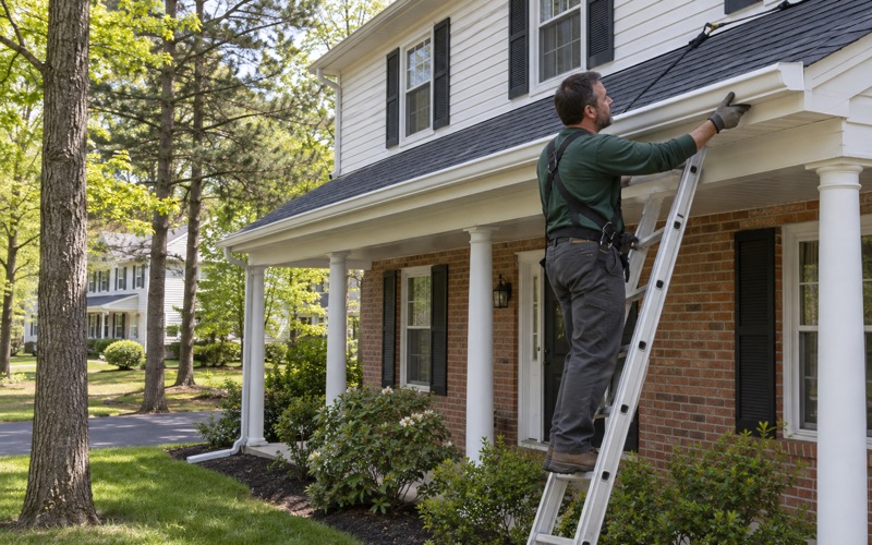 A seamless gutter being lifted into its last hanger along the fascia of a Howell colonial.