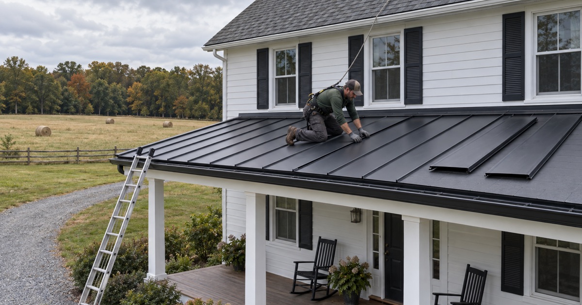 Standing-seam steel panels being laid on the low porch roof of a farmhouse on the west side of Howell.