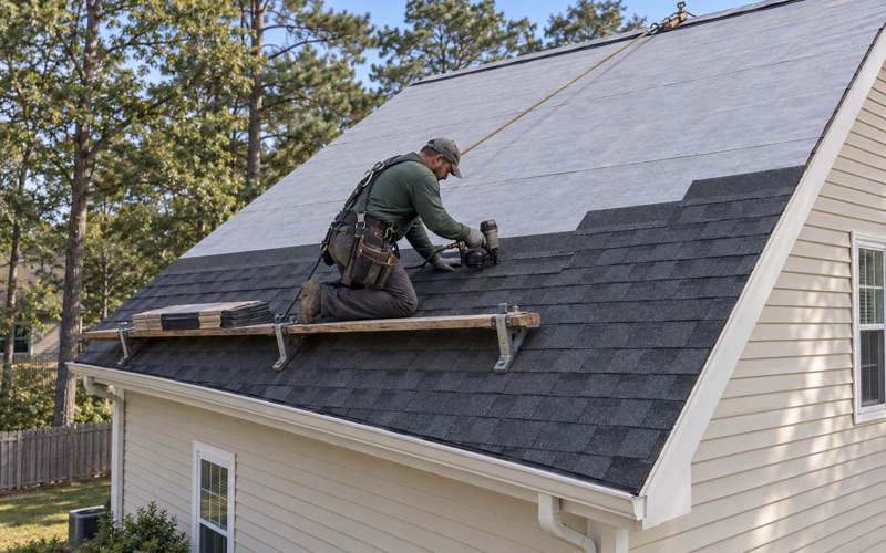 New architectural shingles being nailed over fresh underlayment during a roof replacement on a Howell colonial.