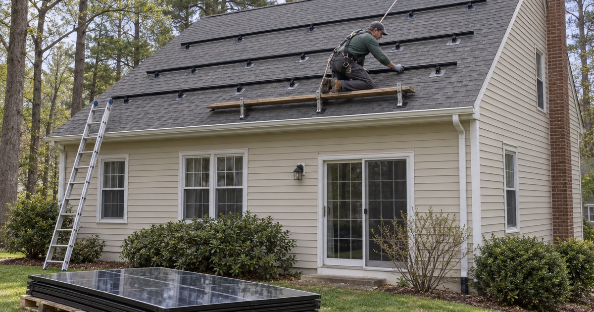 A roofer checking a solar mounting rail on an Allenwood house after the panels came off for a re-roof.