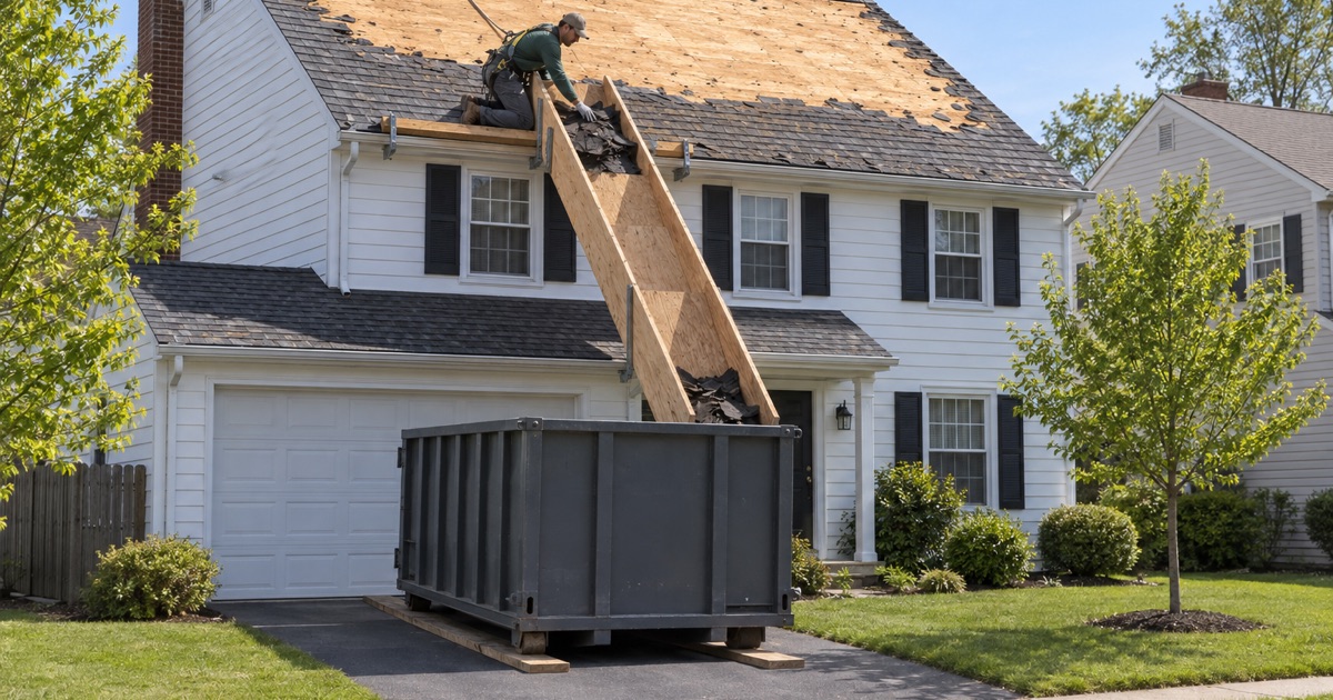 A roofer sending tear-off down a chute into a roll-off container parked in a Bordentown Township driveway.