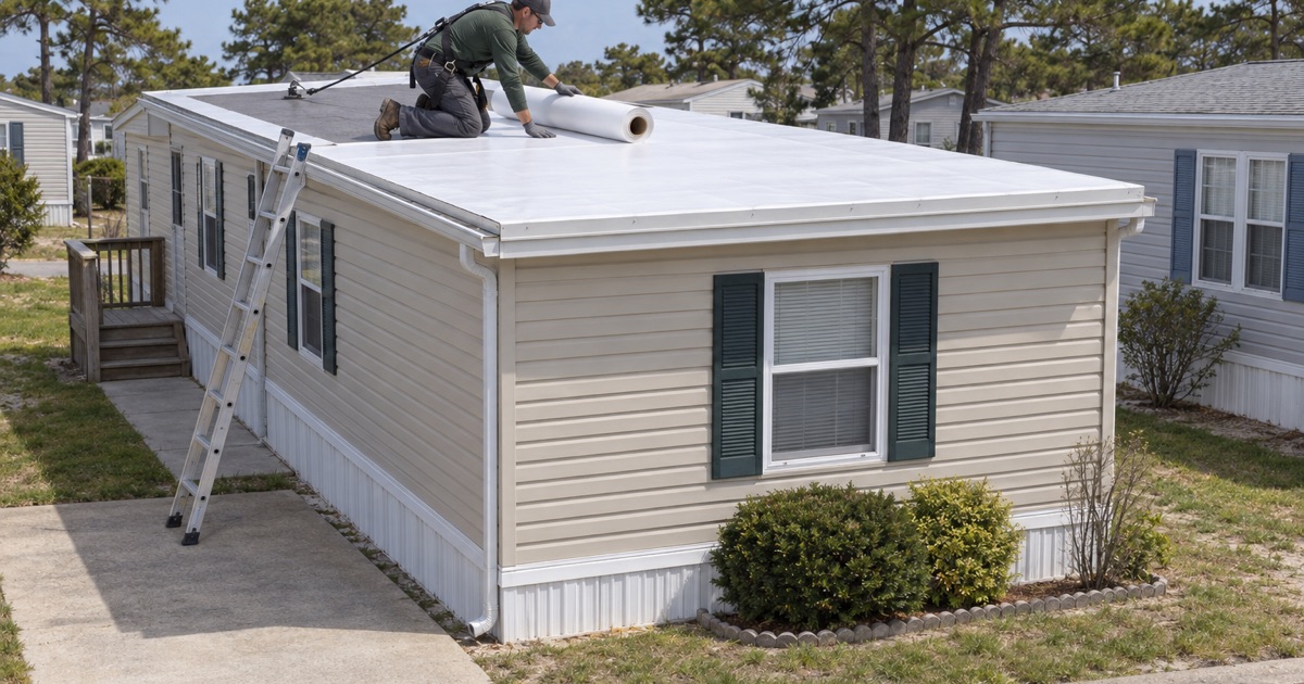 A roofer rolling out a membrane on the low roof of a single-wide manufactured home in Brick.