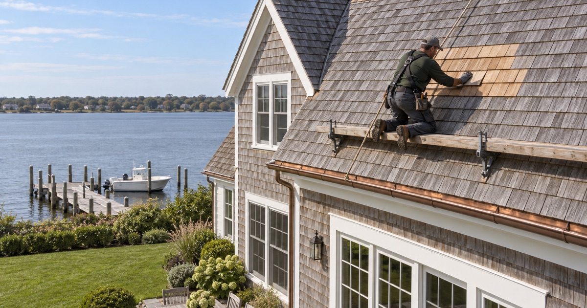 A roofer sliding a new cedar shake into the roof of a riverfront house in Brielle.