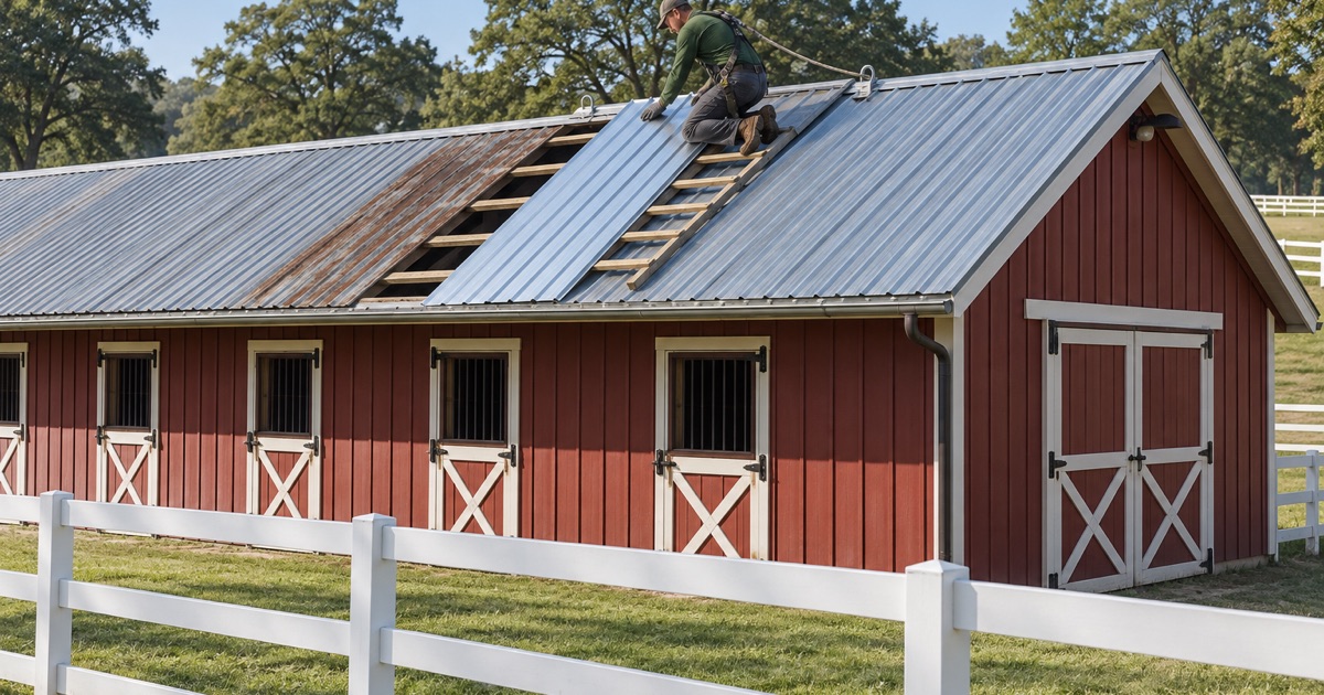 A roofer setting a new ribbed steel panel on the roof of a horse barn in Colts Neck.
