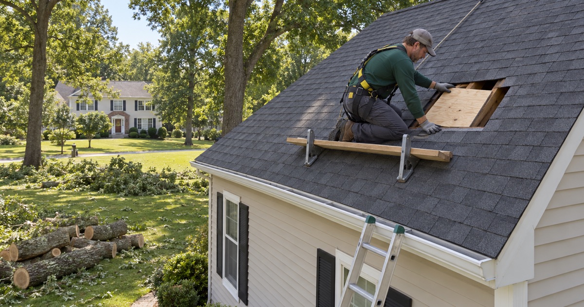 A roofer fitting a new plywood patch into a roof deck punctured by a fallen limb in East Freehold.