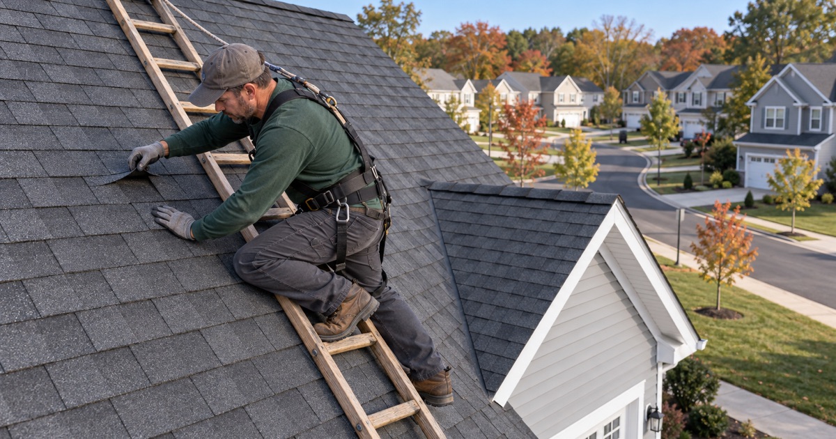 A roofer checking a lifted shingle on a newer house in Freehold Township.