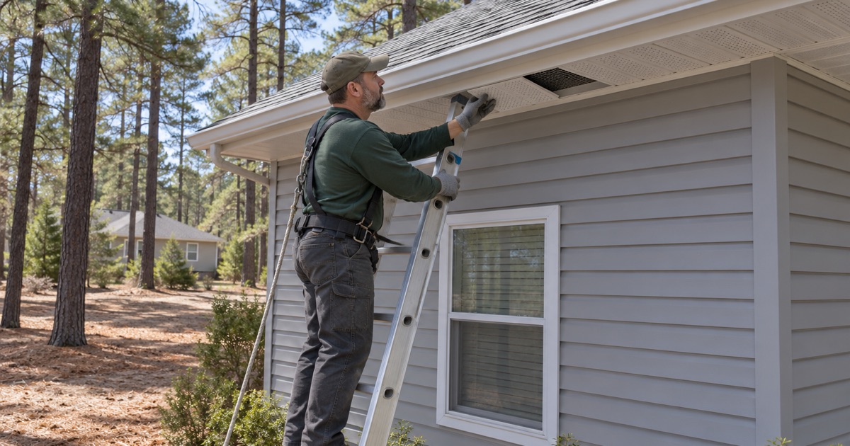 A roofer fitting metal mesh behind a soffit vent under pitch pines in Jackson Township.