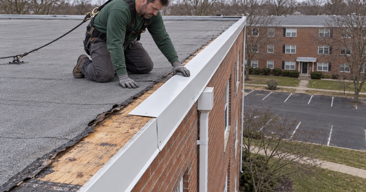 A roofer re-securing metal edge on the roof of a garden apartment building in Lakewood.