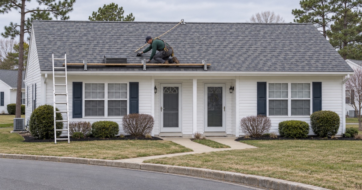 A roofer re-roofing an attached home building in Leisure Village.