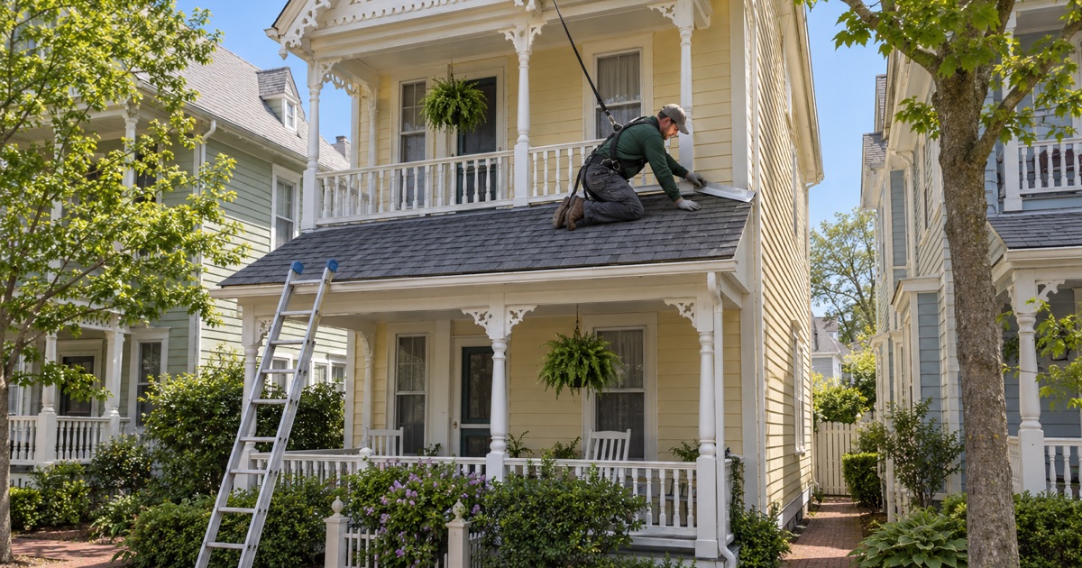 A roofer re-shingling the porch roof of a Victorian cottage in Ocean Grove, Neptune Township.