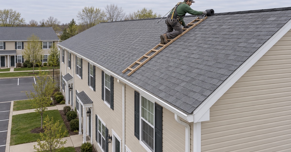 A roofer fitting a ridge vent on a garden condominium building in Point Pleasant.