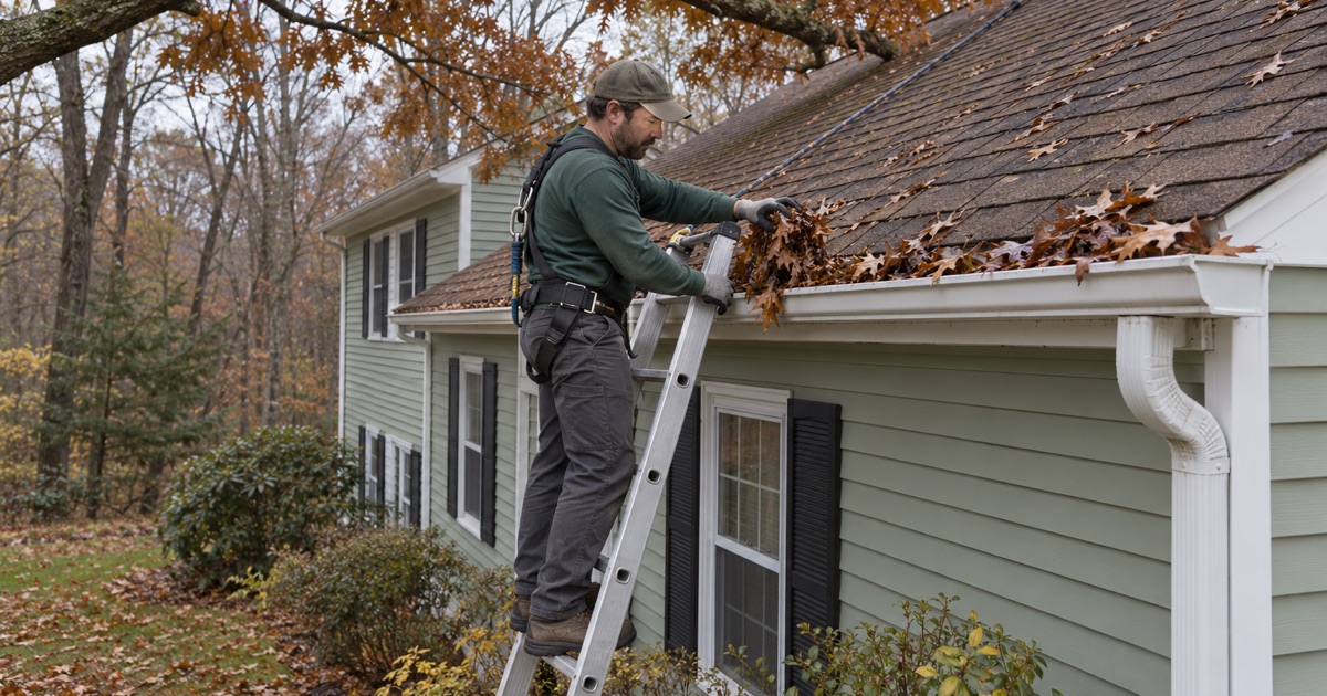 A roofer clearing leaves from a gutter under an overhanging limb on a Ramtown colonial.