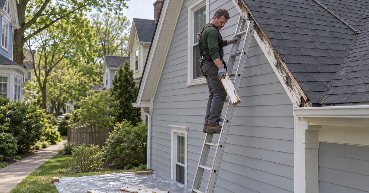 Old painted rake trim being lowered onto plastic sheeting before a re-roof on a Red Bank Victorian.