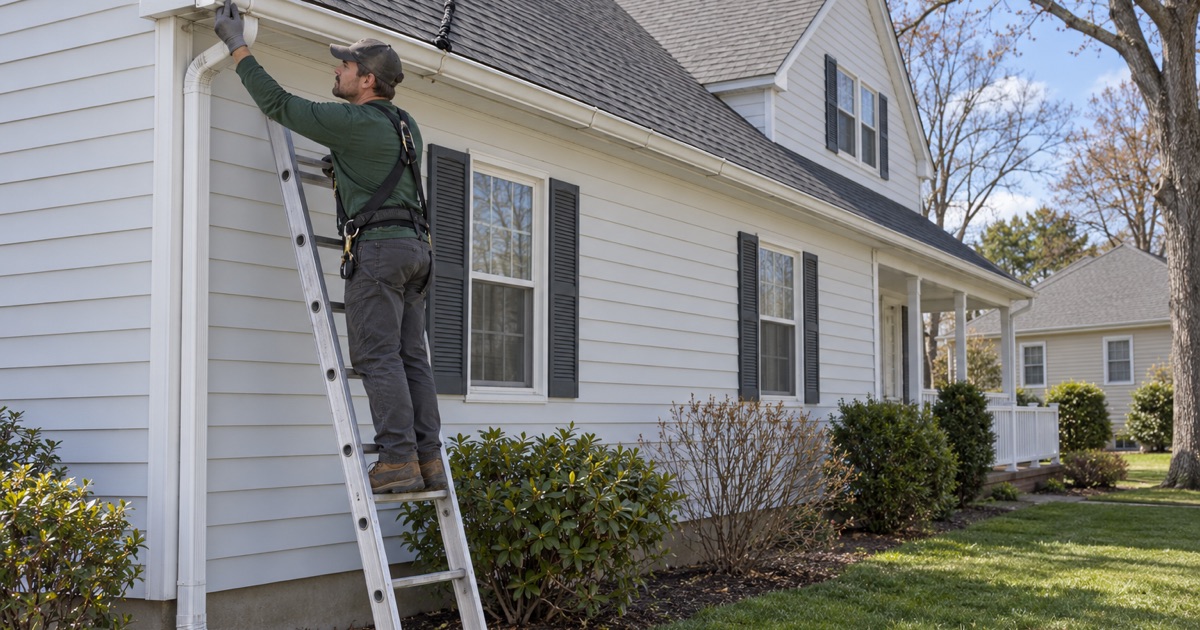 A roofer re-securing a gutter end before a sale on a Shark River Hills house.