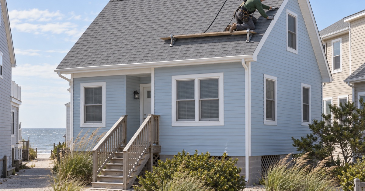 A roofer setting the last shingles along the rake of a house near Raritan Bay in South Amboy.