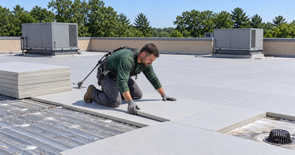 A roofer laying insulation board on the flat roof of a one-story commercial building in Wall Township.