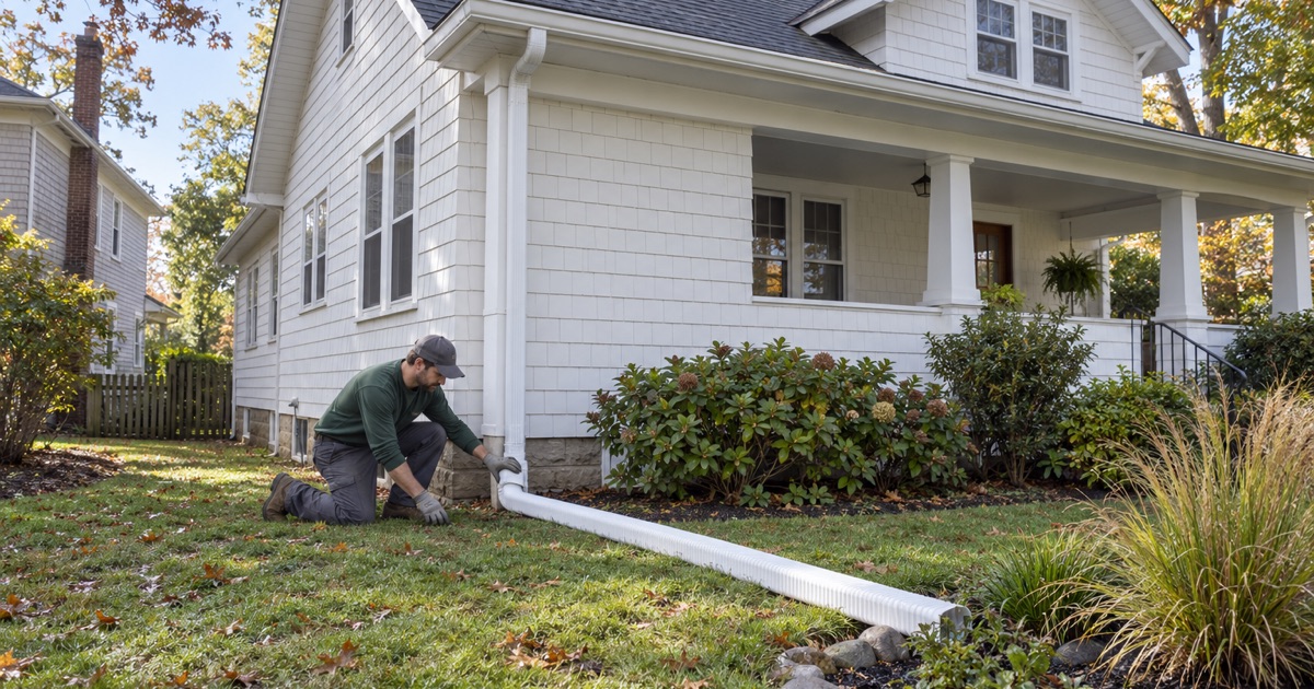 A roofer running a downspout extension out to a rain garden beside a Wanamassa bungalow.
