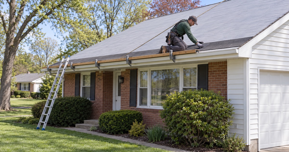A roofer setting the starter strip at the eave of a 1960s ranch in West Freehold.