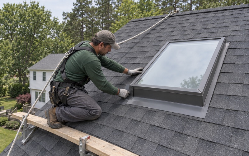 A roofer fitting step flashing up the side of a new skylight on a Howell colonial.