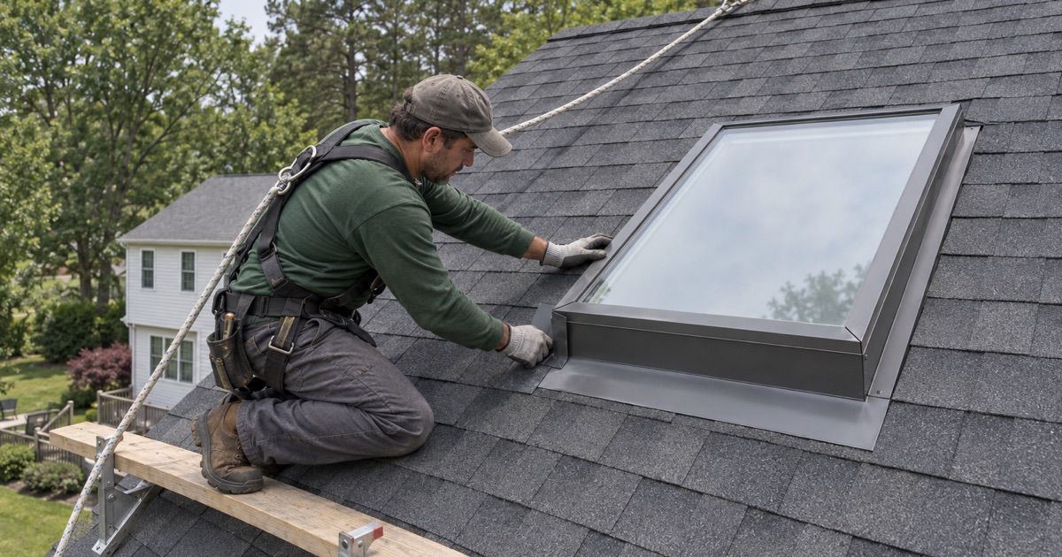 A roofer fitting step flashing up the side of a new skylight on a Howell colonial.