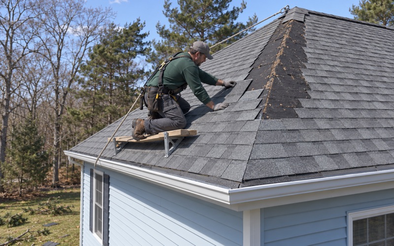 A roofer re-shingling a hip where wind tore the cap and shingles off a Howell colonial.